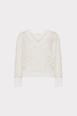 V-Neck Embroidery Knit Detail Top Ecru | Milly Women