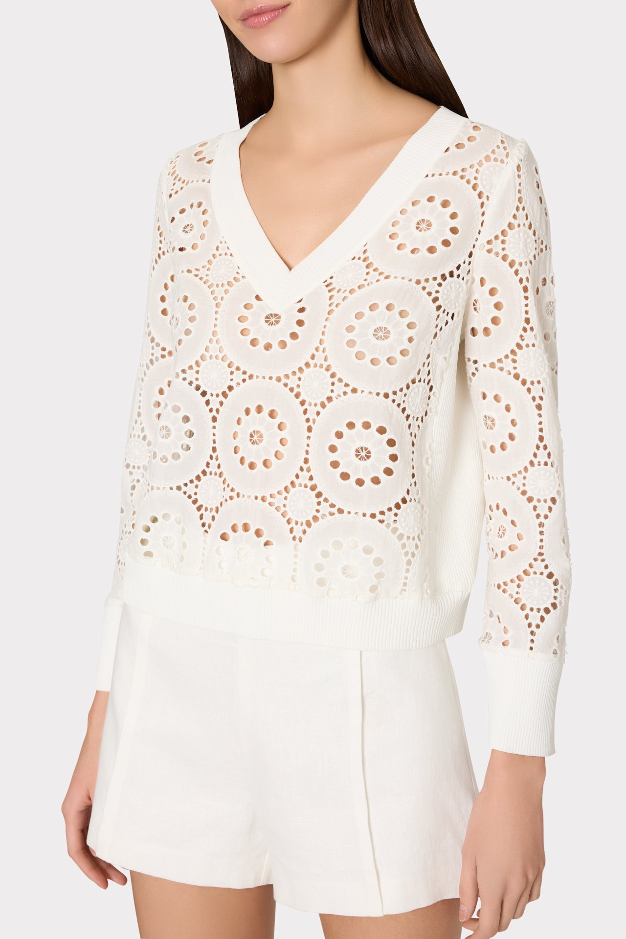 V-Neck Embroidery Knit Detail Top Ecru | Milly Women