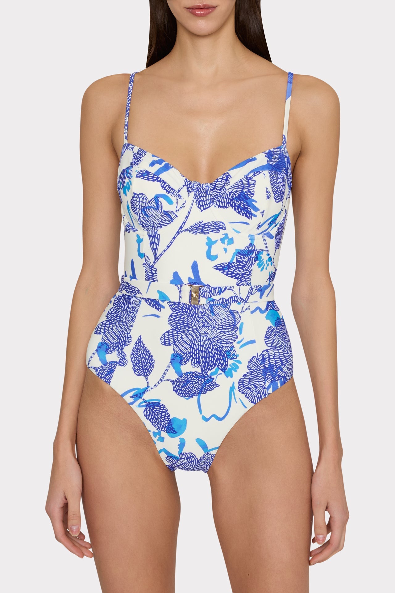 Brushwork Floral Belted One Piece Blue Multi | Milly Women