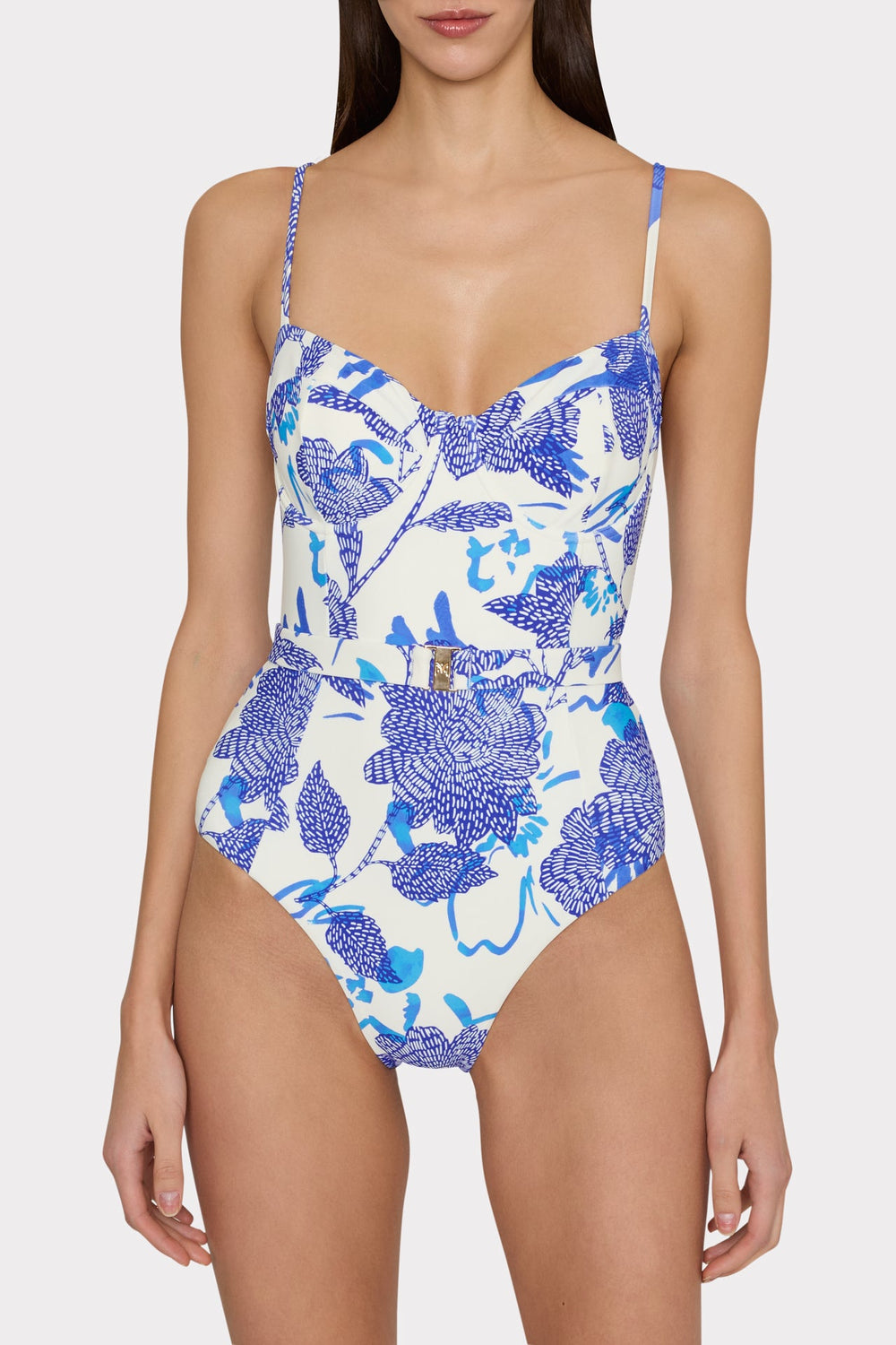 Brushwork Floral Belted One Piece Blue Multi | Milly Women