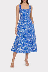 Nia Blue Rose Poplin Midi Dress Blue/White | Milly Women