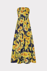 Palmer Sunflower Poplin Strapless Maxi Dress Navy Multi | Milly Women