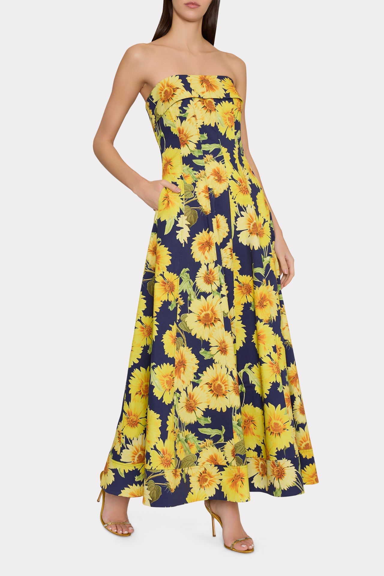 Palmer Sunflower Poplin Strapless Maxi Dress Navy Multi | Milly Women
