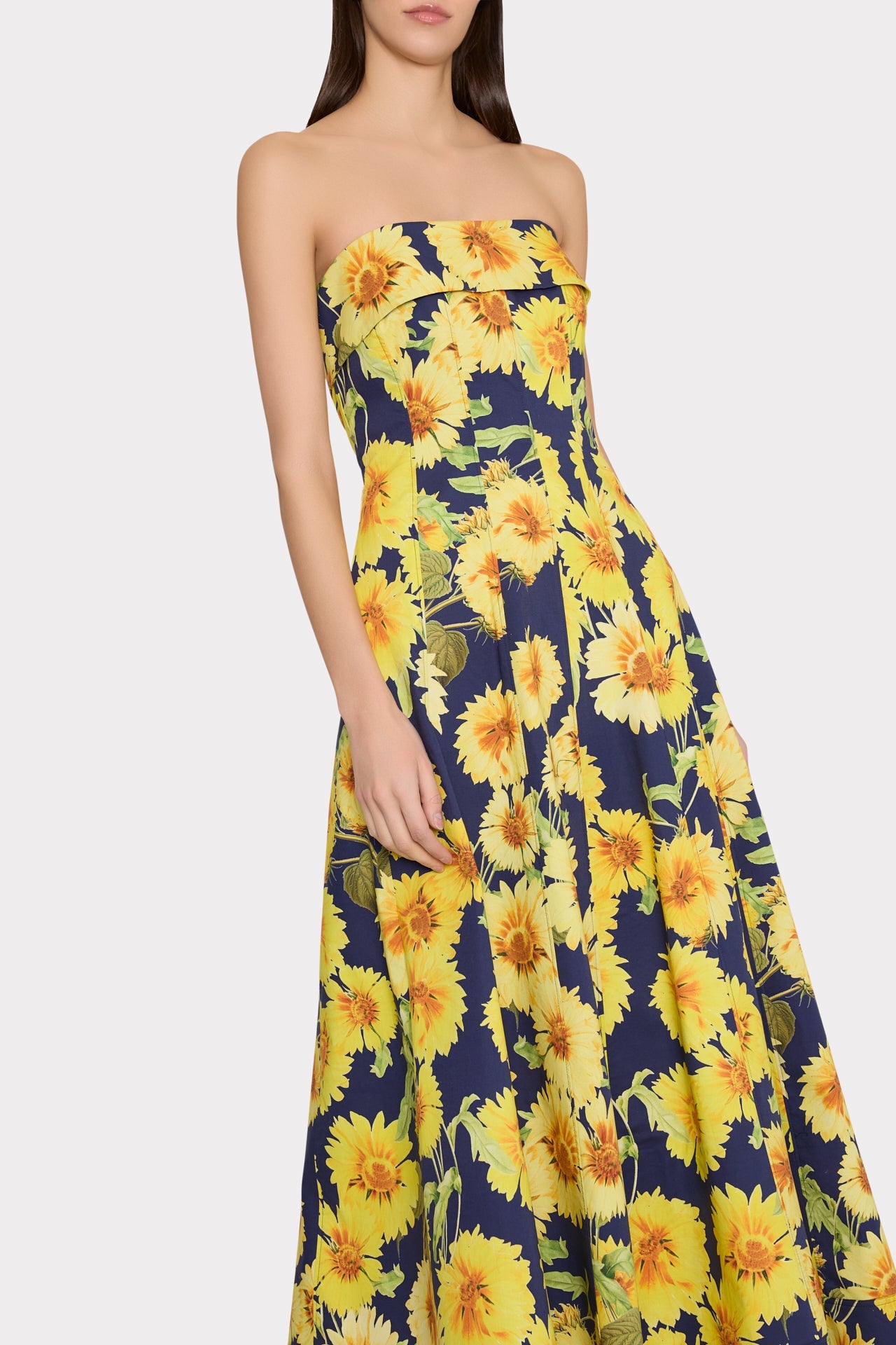 Palmer Sunflower Poplin Strapless Maxi Dress Navy Multi | Milly Women