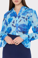 Lacey Blurred Blossom Printed Blouse Blue Multi | Milly Women