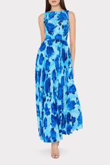 Jasmine Blurred Blossom Pleated Maxi Dress Blue Multi | Milly Women